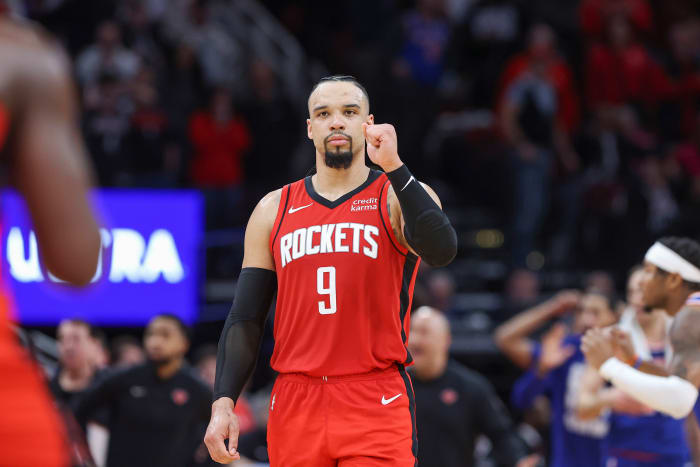 Rockets forward Dillon Brooks (9) reacts after a call during the fourth quarter against the New York Knicks at Toyota Center.